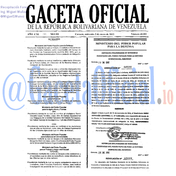 Gaceta Oficial 40081 del 2 Enero 2013