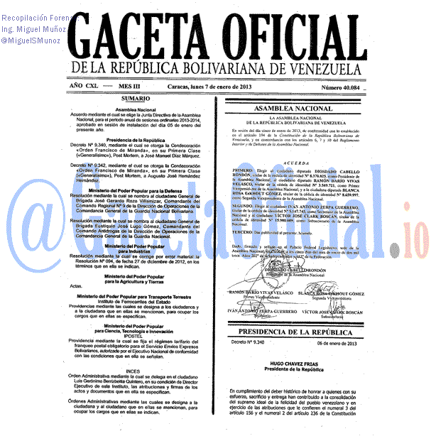 Gaceta Oficial 40084 del 7 Enero 2013