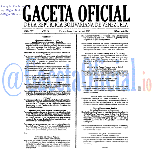Gaceta Oficial 40094 del 21 Enero 2012