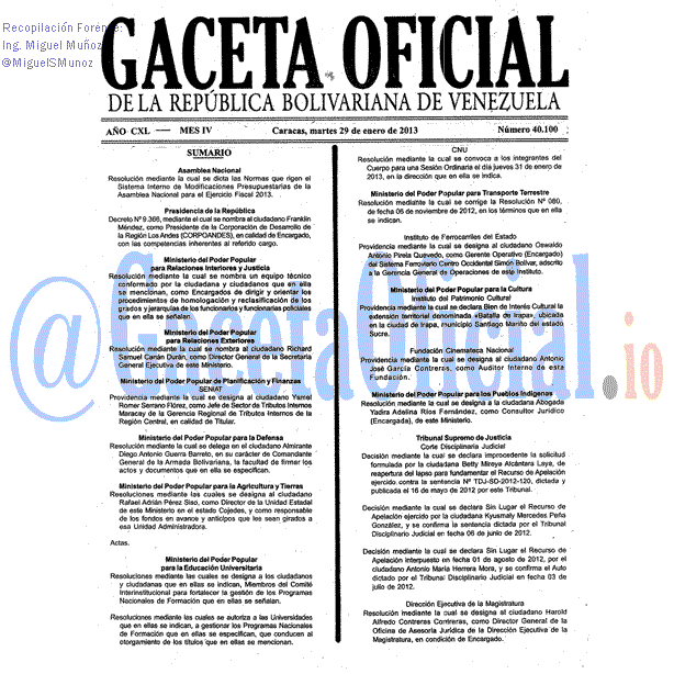 Gaceta Oficial 40100 del 29 Enero 2013