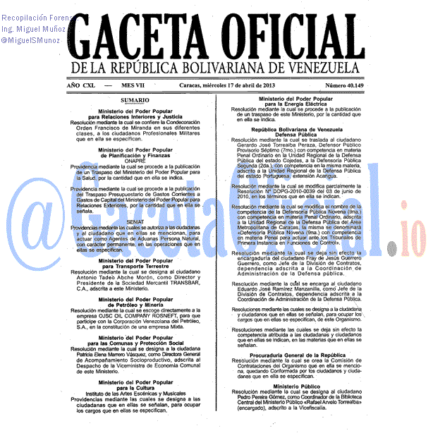 Gaceta Oficial 40149 del 17 Abril 2013