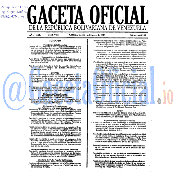 Gaceta Oficial 40168 del 16 Mayo 2013