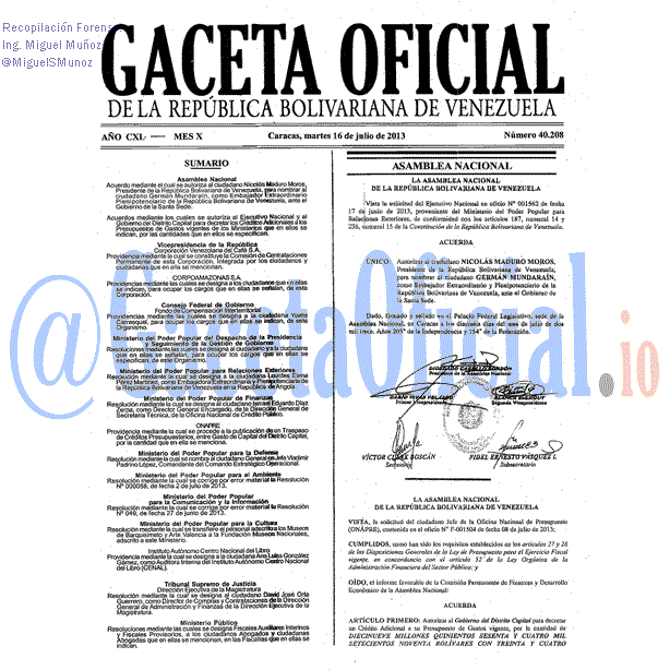 Gaceta Oficial 40208 del 16 Julio 2013