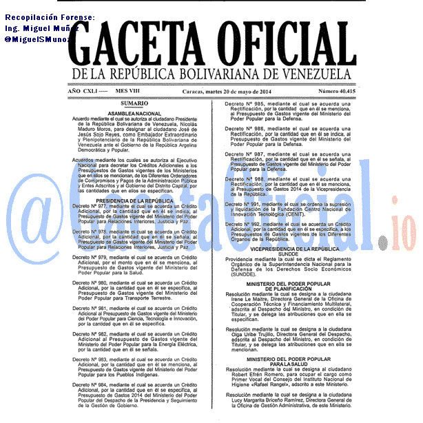 Gaceta Oficial 40415 del 20 Mayo 2014