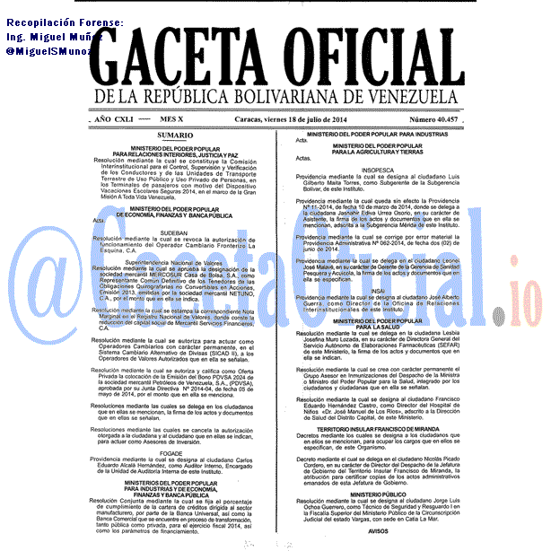 Gaceta Oficial 40457 del 18 Julio 2014