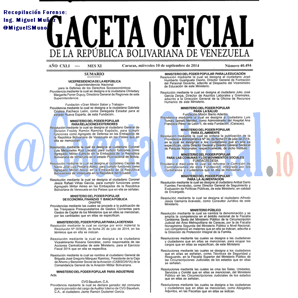 Gaceta Oficial 40494 del 10 Septiembre 2014