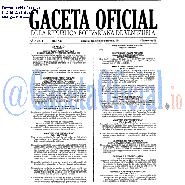 Gaceta Oficial 40512 del 6 Octubre 2014