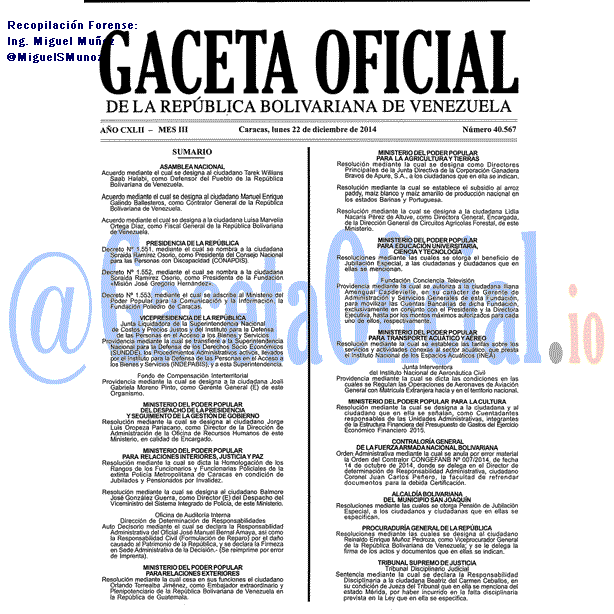 Gaceta Oficial 40567 del 22 Diciembre 2014