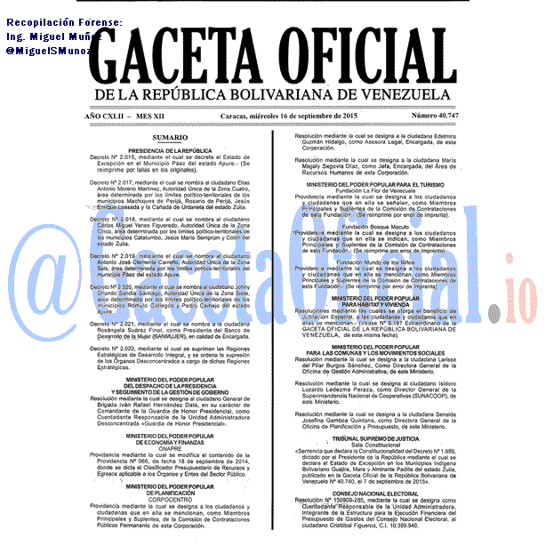Gaceta Oficial 40747 del 16 septiembre 2015