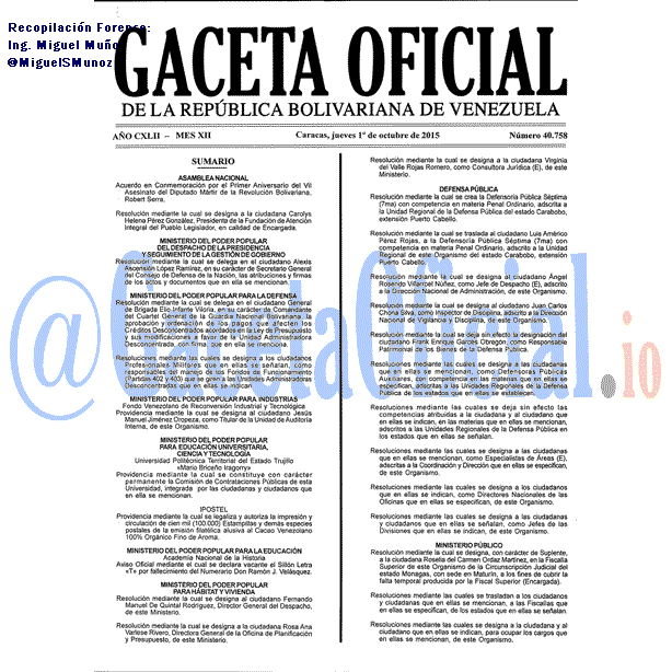Gaceta Oficial 40758 del 1 octubre 2015
