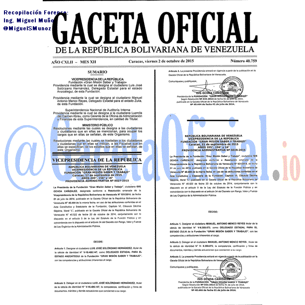 Gaceta Oficial 40759 del 2 octubre 2015
