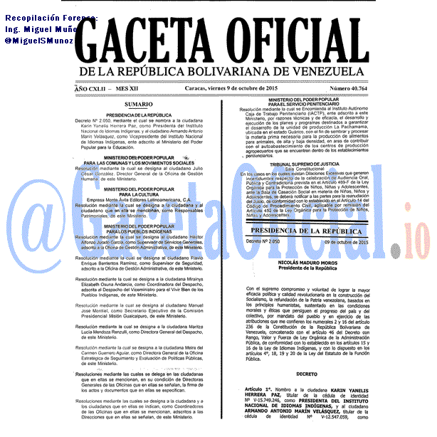 Gaceta Oficial 40764 del 9 octubre 2015