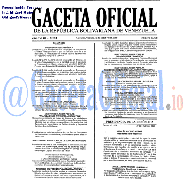 Gaceta Oficial 40778 del 30 octubre 2015
