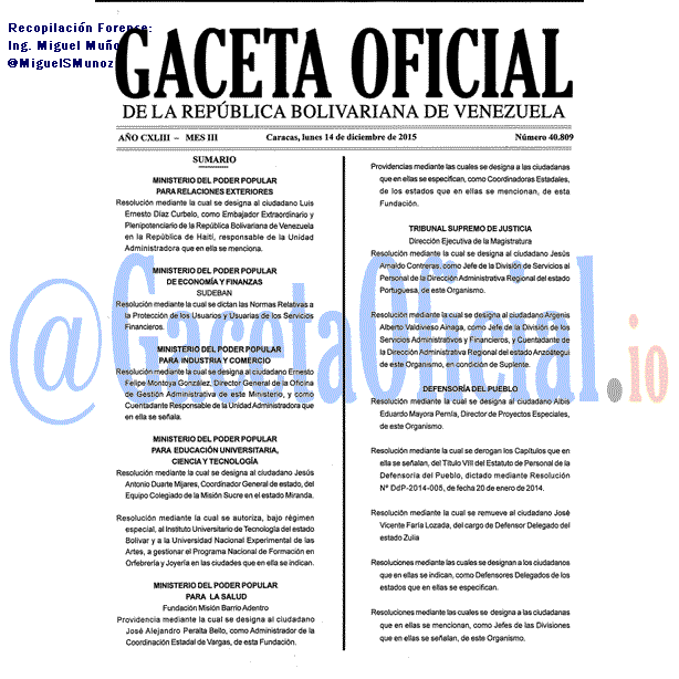 Gaceta Oficial 40809 del 14 diciembre 2015