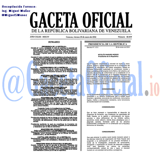 Gaceta Oficial 40839 del 29 enero 2016
