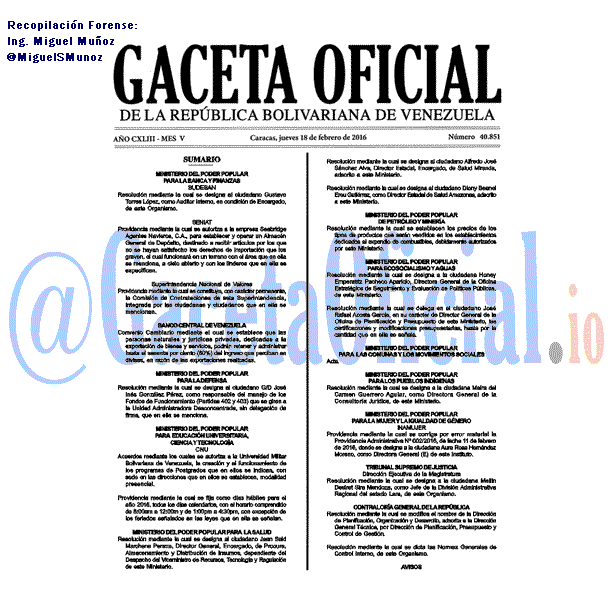 Gaceta Oficial 40851 del 18 febrero 2016