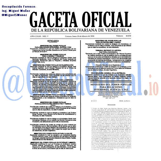 Gaceta Oficial 40858 del 29 febrero 2016
