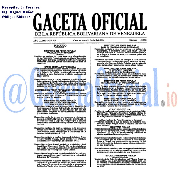 Gaceta Oficial 40882 del 11 abril 2016