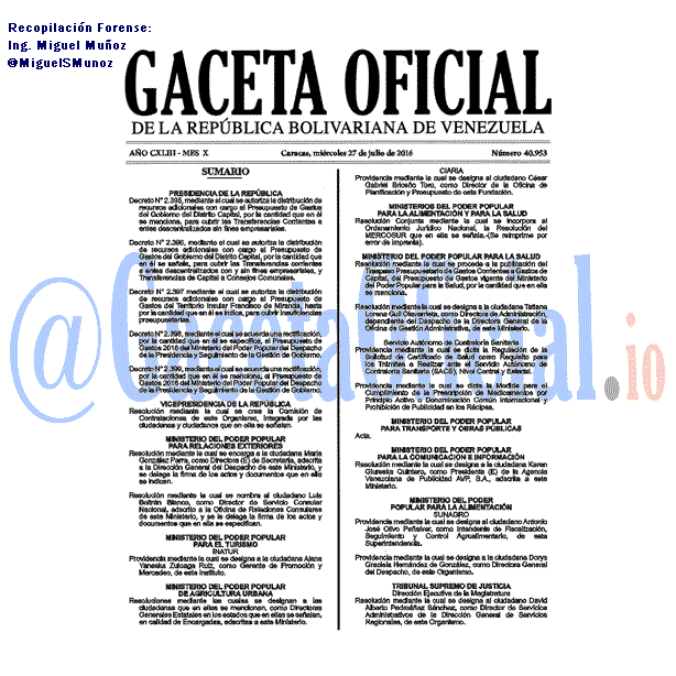 Gaceta Oficial 40953 del 27 julio 2016