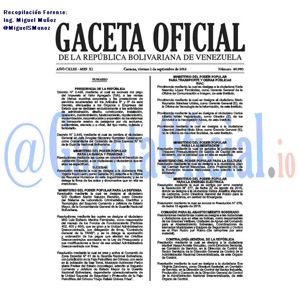 Gaceta Oficial 40980 del 2 Septiembre 2016