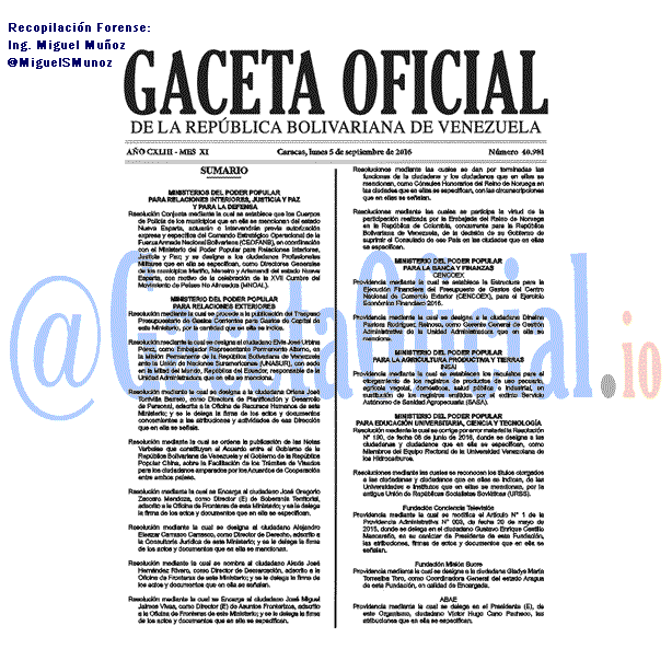 Gaceta Oficial 40981 del 5 Septiembre 2016