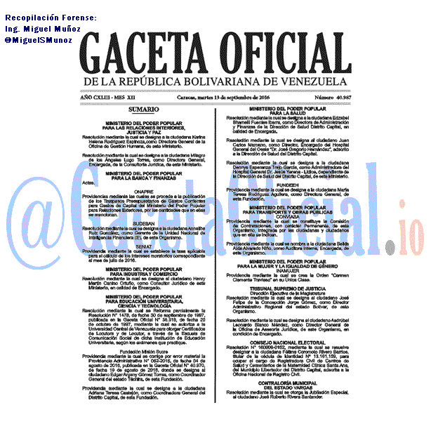 Gaceta Oficial 40987 del 13 Septiembre 2016