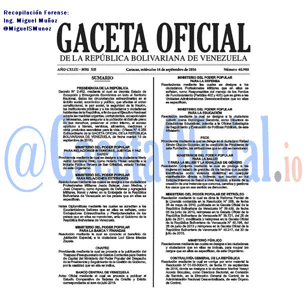 Gaceta Oficial 40988 del 14 septiembre 2016