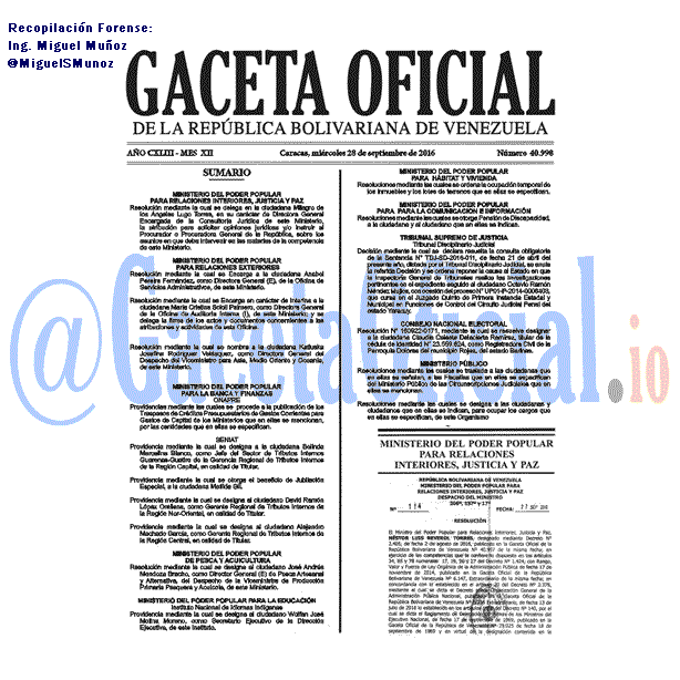 Gaceta Oficial 40998 del 28 Septiembre 2016