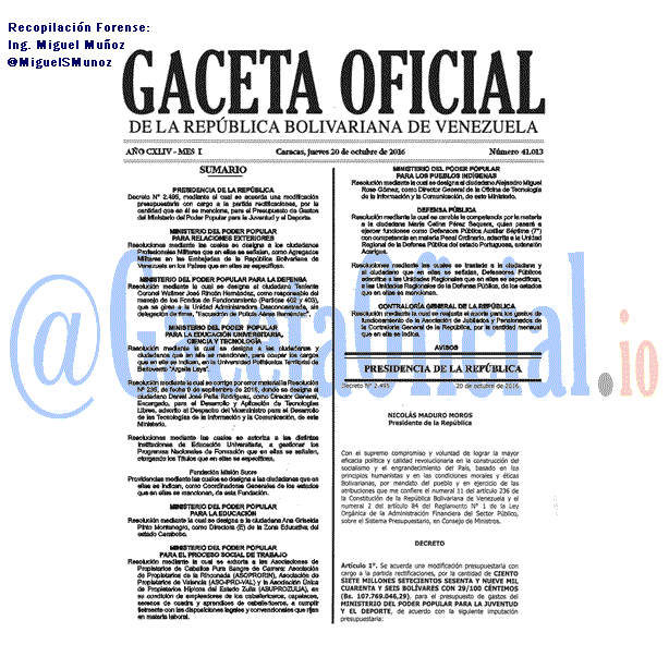 Gaceta Oficial 41013 del 20 octubre 2016