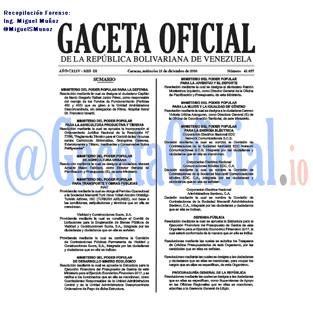 Gaceta Oficial 41057 del 21 diciembre 2016