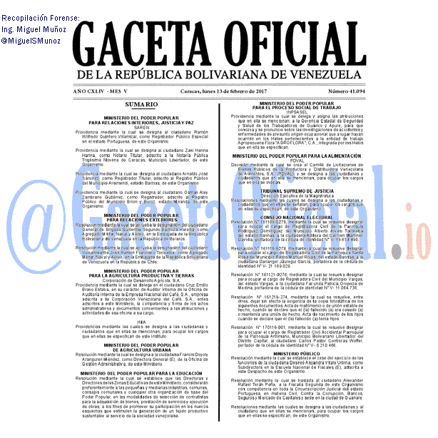 Gaceta Oficial 41094 del 13 febrero 2017