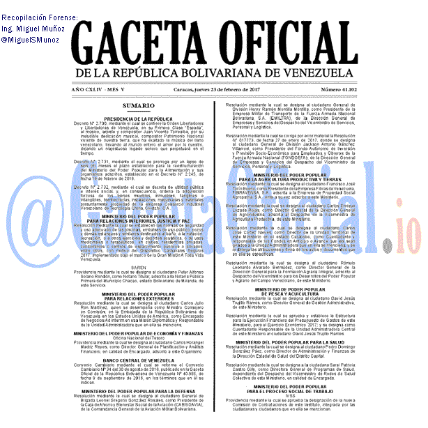 Gaceta Oficial 41102 del 23 febrero 2017