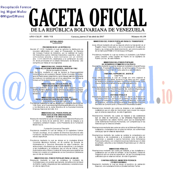 Gaceta Oficial 41139 del 27 abril 2017 Gaceta Oficial 41139 del 27 abril 2017