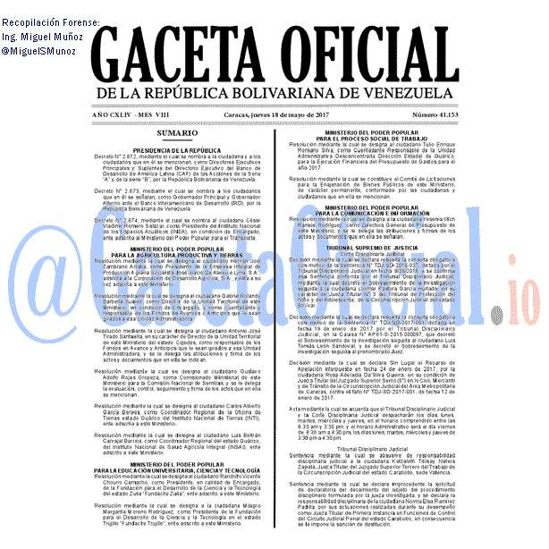 Gaceta Oficial 41153 del 18 mayo 2017