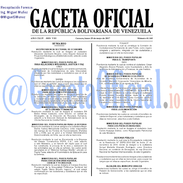Gaceta Oficial 41160 del 29 mayo 2017