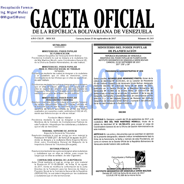 Gaceta Oficial 41243 del 25 septiembre 2017 Gaceta Oficial 41243 del 25 septiembre 2017