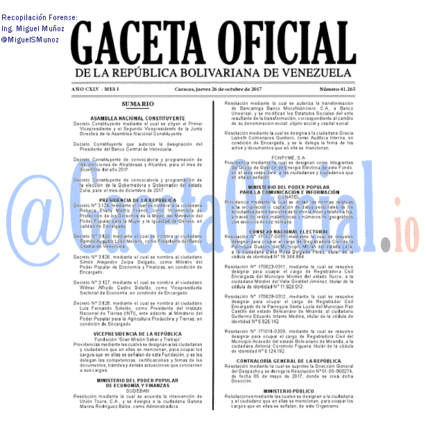 Gaceta Oficial 41265 del 26 octubre 2017 Gaceta Oficial 41265 del 26 octubre 2017