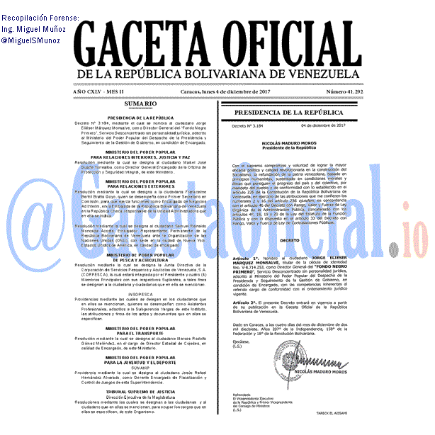 Gaceta Oficial 41292 del 4 diciembre 2017