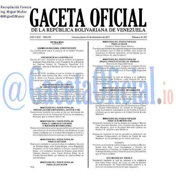 Gaceta Oficial 41301 del 21 diciembre 2017
