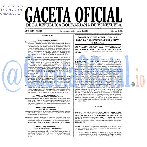 Gaceta Oficial 41311 del 2 enero 2018