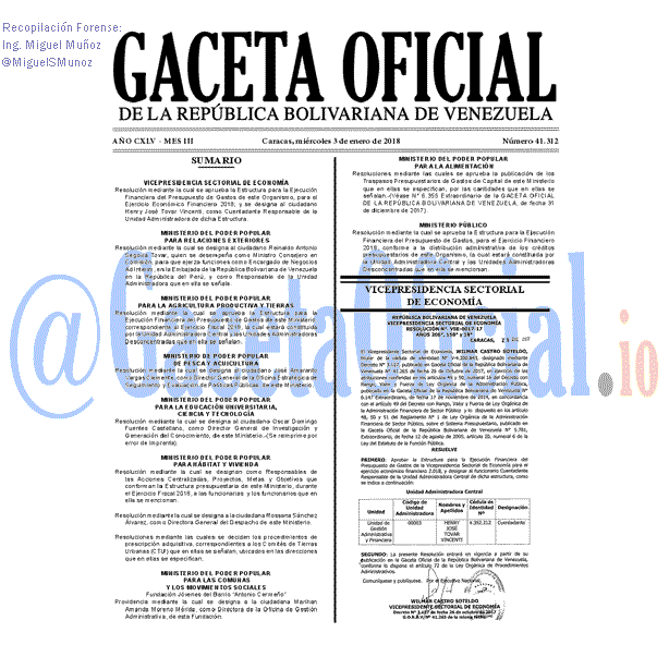 Gaceta Oficial 41312 del 3 enero 2018 Gaceta Oficial 41312 del 3 enero 2018