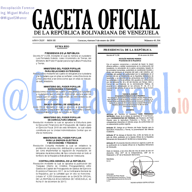 Gaceta Oficial 41314 del 5 enero 2018