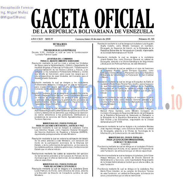 Gaceta Oficial 41325 del 22 enero 2018