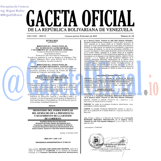 Gaceta Oficial 41331 del 30 enero 2018 Gaceta Oficial 41331 del 30 enero 2018