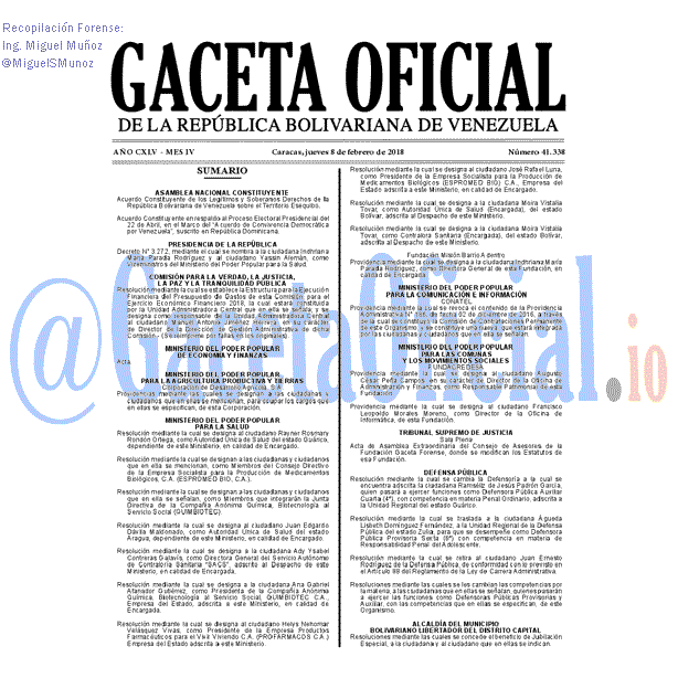 Gaceta Oficial 41338 del 8 Febrero 2018 Gaceta Oficial 41338 del 8 Febrero 2018