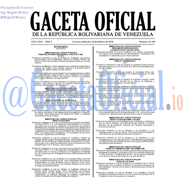 Gaceta Oficial 41340 del 14 febrero 2018 Gaceta Oficial 41340 del 14 febrero 2018