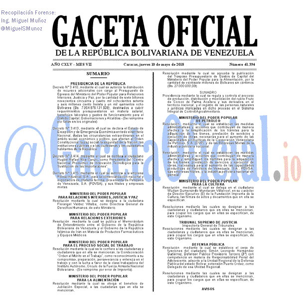 Gaceta Oficial 41394 del 10 mayo 2018