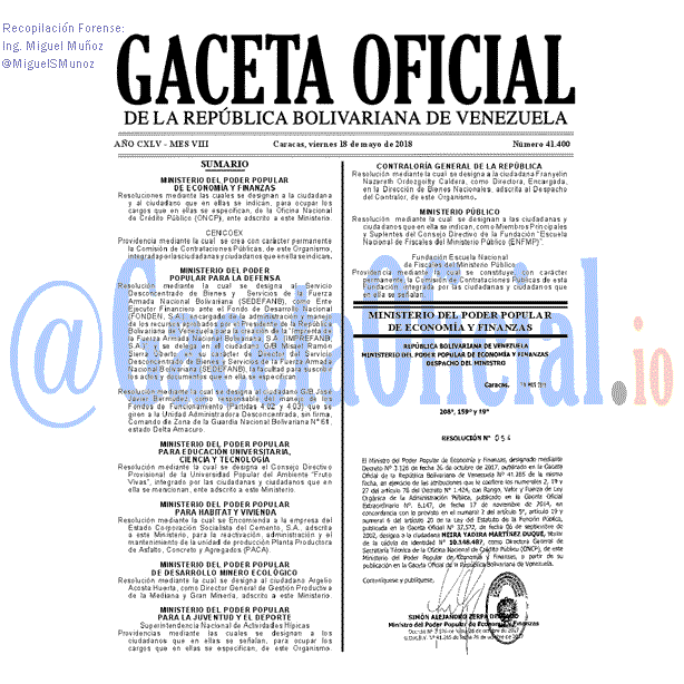Gaceta Oficial 41400 del 18 mayo 2018