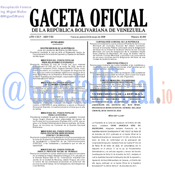 Gaceta Oficial 41404 del 24 mayo 2018