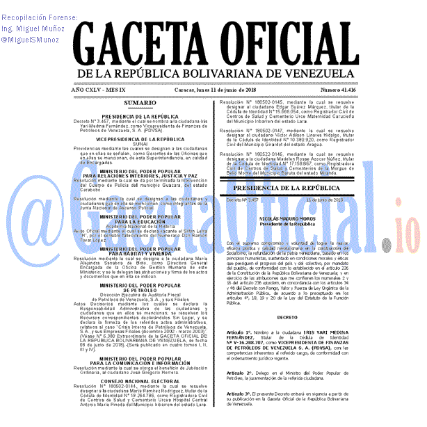 Gaceta Oficial 41416 del 11 junio 2018